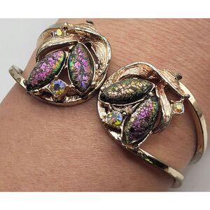 Retro Statement Hinged Clamper Bracelet Lava Rock Rhinestones Cuff Bangle 2.5in